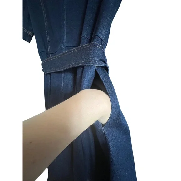Boden Denim Dress Gold Stitching Pockets Belted Midi Vibrant Blue Wash Cotton - Picture 8 of 10